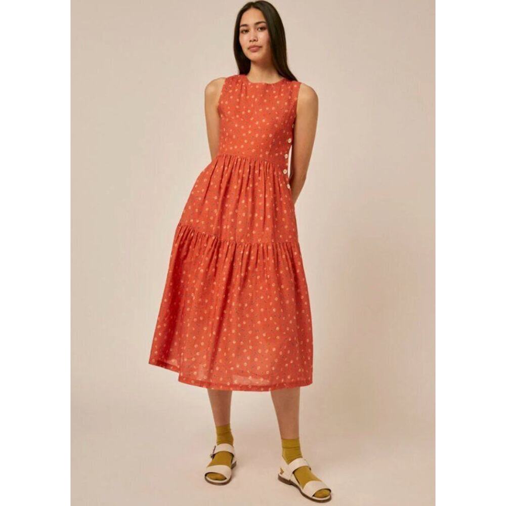 SIDELINE Sz S Small Gaia Orange Floral Sleeveless Linen Cotton Midi Dress